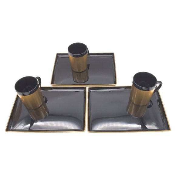 Vintage Thermo Serv Sip 'n' Snack Insulated Mug & Tray Set Black/Gold Set 3x - Picture 2 of 16